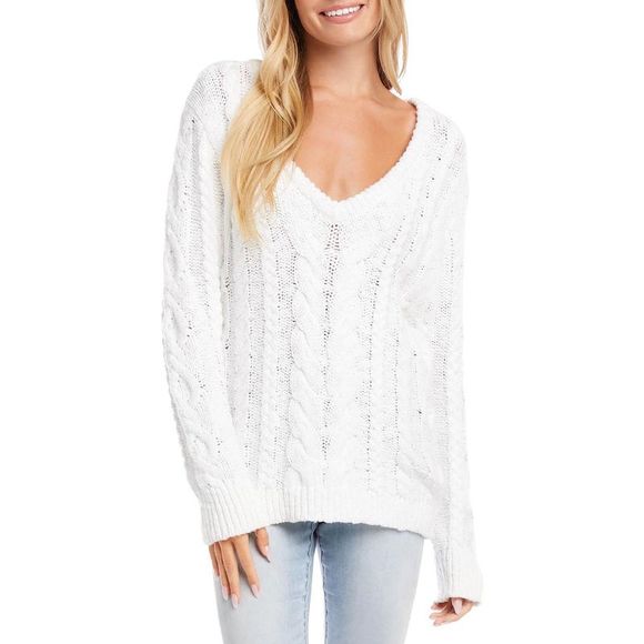 Karen Kane Womens White Cable Knt V-Neck Top Pullover Sweater Shirt NWT - Picture 1 of 1